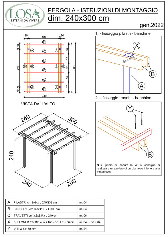 progetto pergola cm. 240x300 sezioni pergola cm.240x300