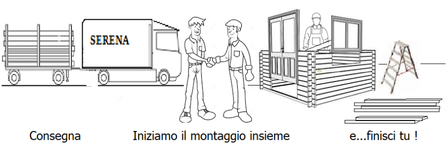 Disegno che riassume la modalità del montaggio assistito, con l'austista di falegnameria serena che da la mano al cliente per poi iniziare con lui il montaggio