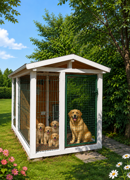 Box per cane in legno colonne bianche tamponamenti un legno tinta noce chiaro all'interno con la lingua fuori per il caldo un esemplare maestoso di Golden Retriever questo è il frutto di una datata manualità artigianale